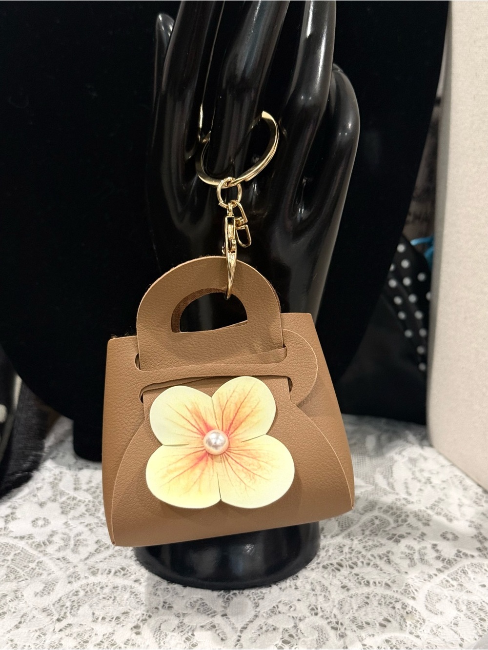 Tan Floral Accent Mini Bag Charm Keychain